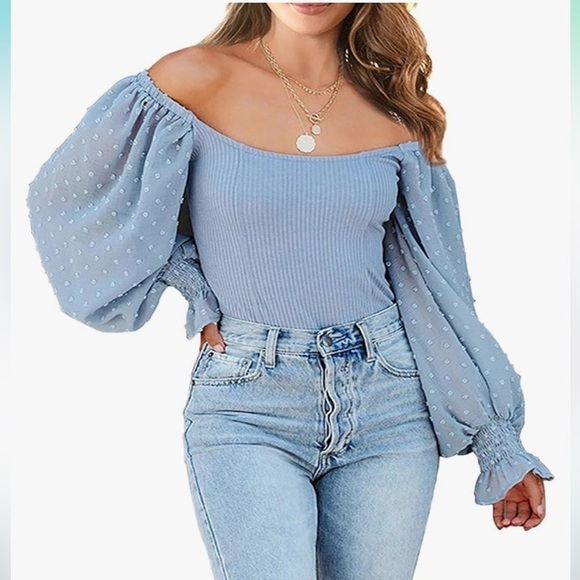 Promesa Periwinkle Bodysuit Dotted Swiss Balloon Sleeves with Flared Cuff Medium - Picture 1 of 9